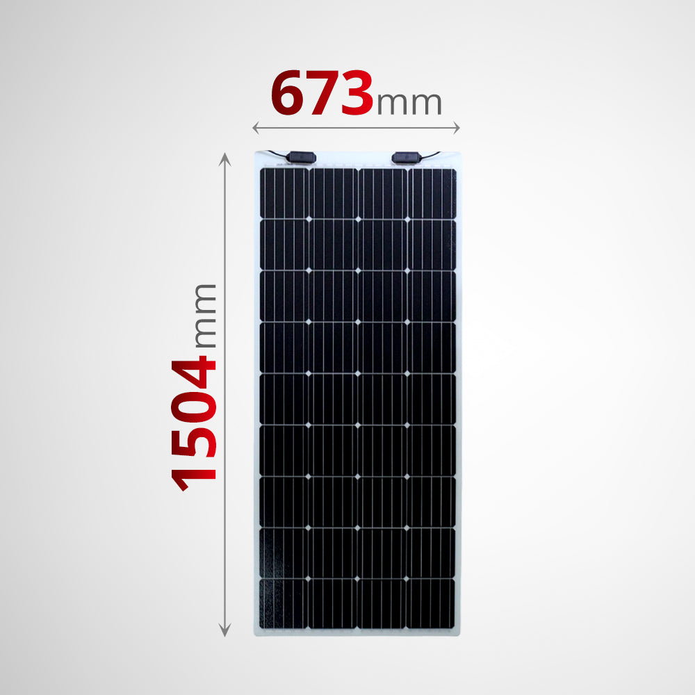 Dimensions diagram of the solar panel showing 1504mm length and 673mm width