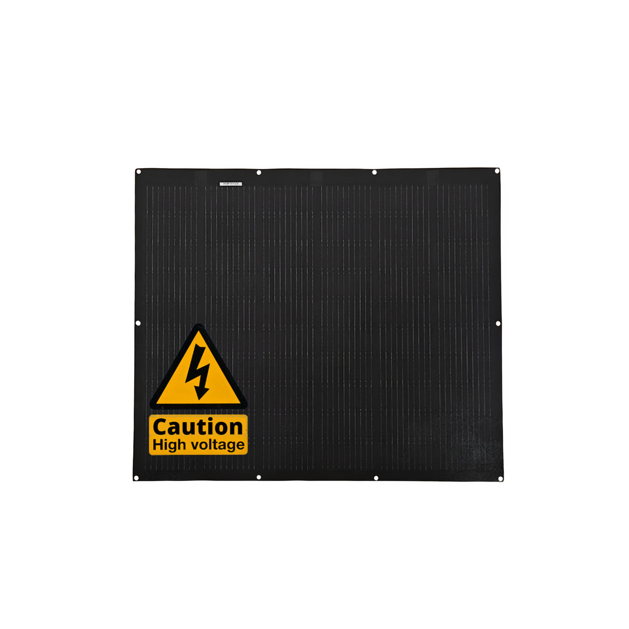 Front view of Sunman 200W black flexible solar panel with eyelets and high voltage warning