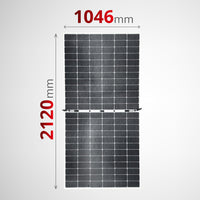 Front view of solar panel with dimension lines indicating 2120mm height and 1046mm width