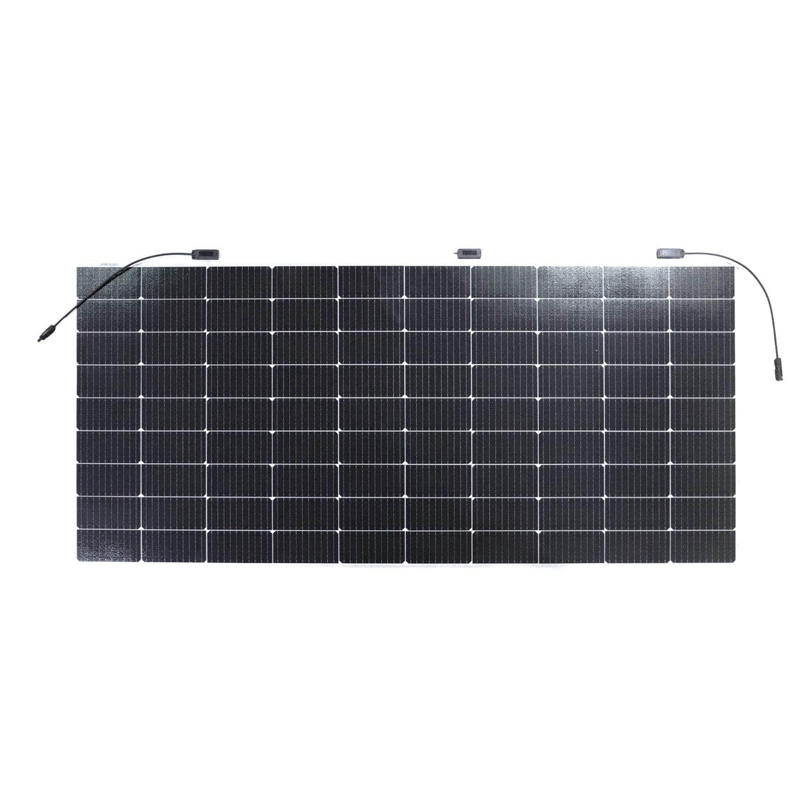 Front view of Sunman eArc 320W flexible solar panel showing dark cells, three junction boxes and MC4 cables
