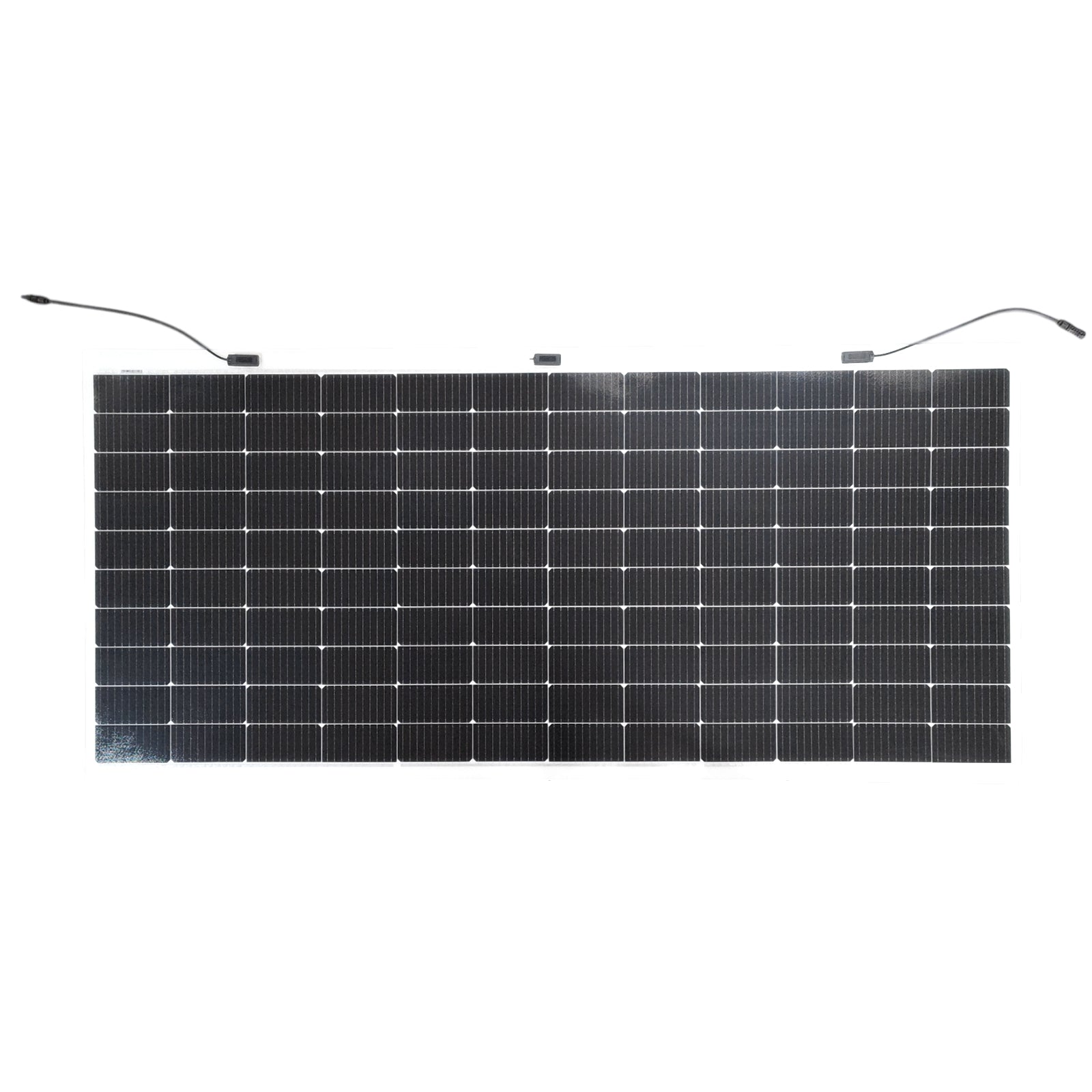 Front view of Sunman eArc 430W flexible solar panel with visible solar cells and triple junction boxes