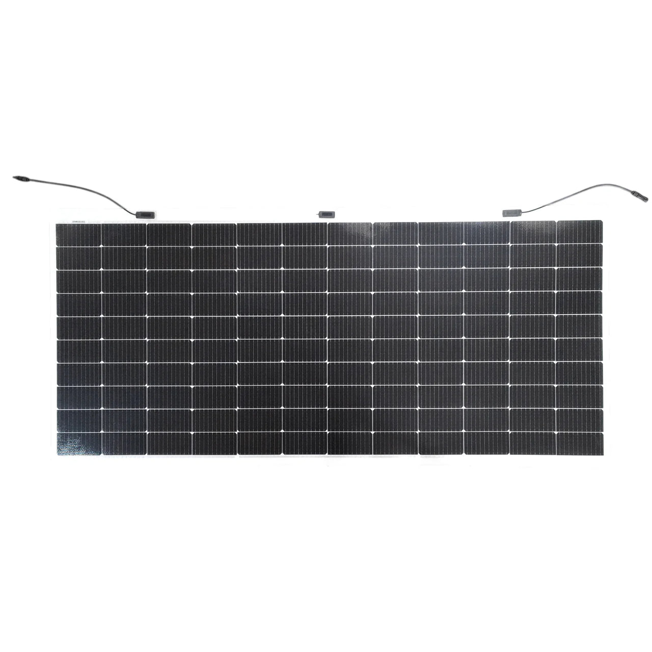 Front view of Sunman eArc 430W flexible solar panel with visible solar cells and triple junction boxes