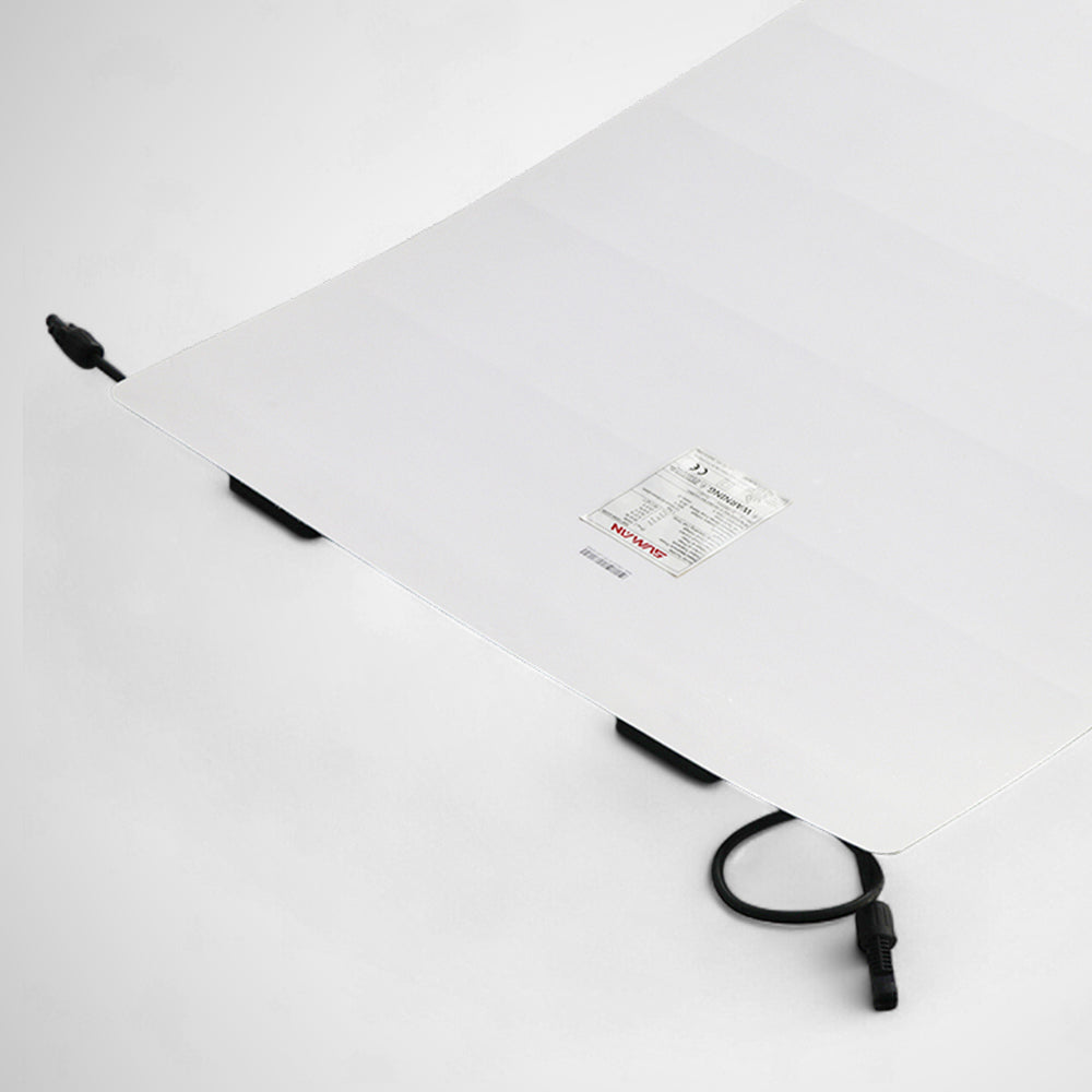 White backsheet of a Sunman flexible solar panel showing the technical specification and certification label