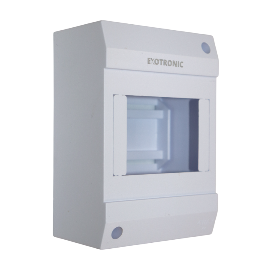 Angled view of white Exotronic 4-module surface mount DIN rail enclosure