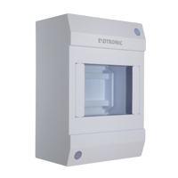 Angled view of white Exotronic 4-module surface mount DIN rail enclosure