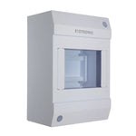 Angled view of white Exotronic 4-module surface mount DIN rail enclosure