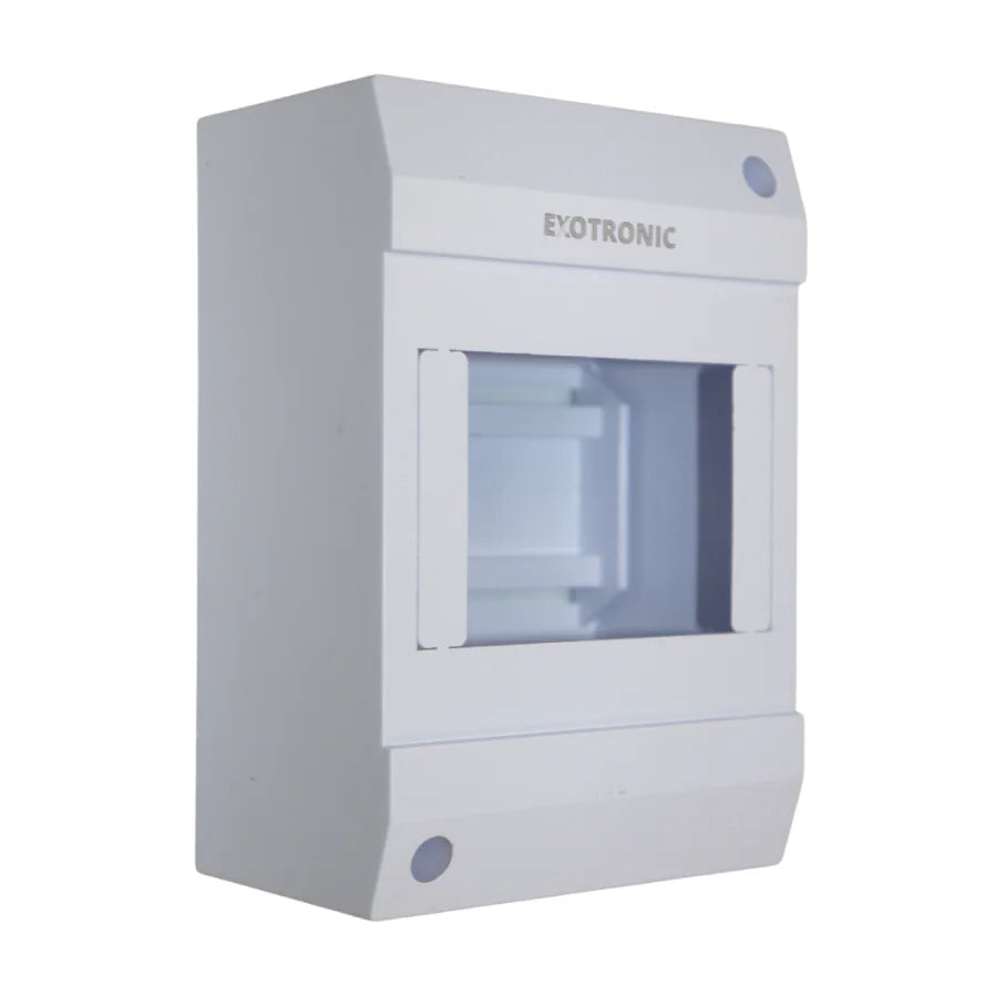 Angled view of white Exotronic 4-module surface mount DIN rail enclosure