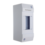 Angled view of a white Exotronic 2-module surface mount DIN rail enclosure