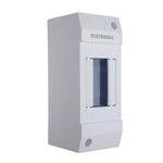 Angled view of a white Exotronic 2-module surface mount DIN rail enclosure