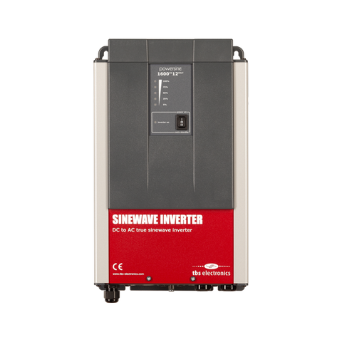 Front view of TBS Electronics 12V 1600W pure sine wave inverter with LED load indicators and power switch