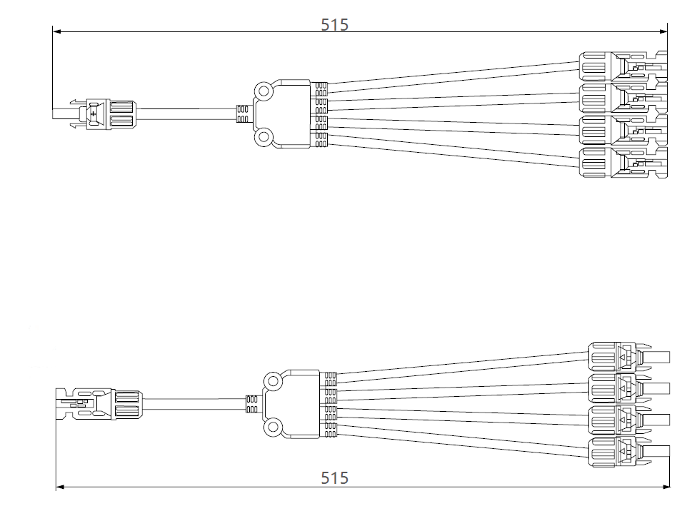 Technical dimensional drawing of 4-to-1 solar branch connector showing 515mm length