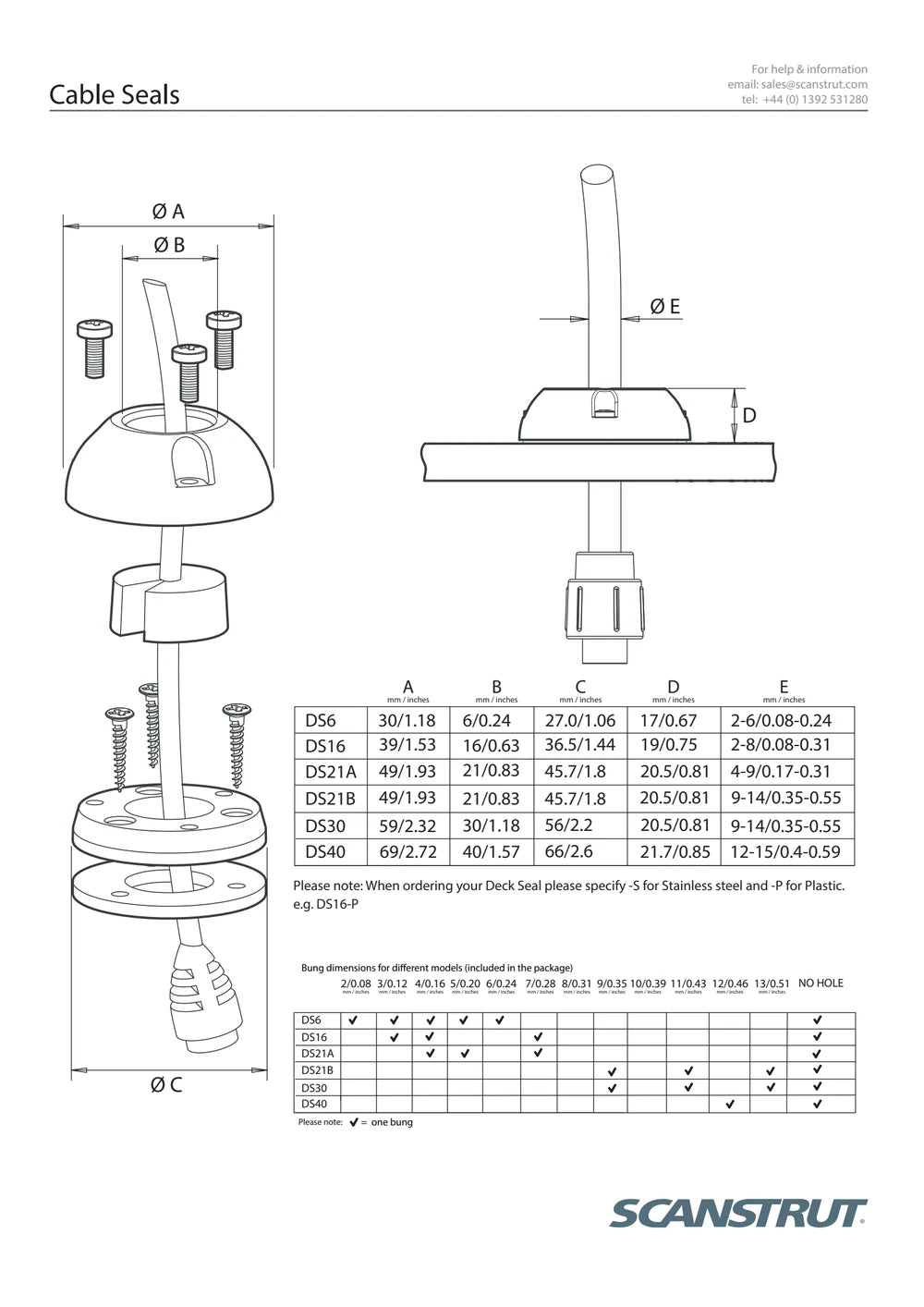 Technical drawing with dimensions and specification table for the vertical cable seal range