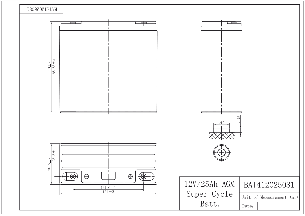 Technical dimensional drawing of Victron AGM Super Cycle battery showing front, side and top views