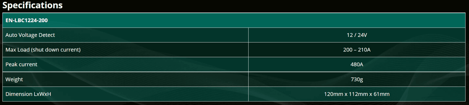 Technical specifications table for Enerdrive battery guard listing voltage, max load 200A and dimensions