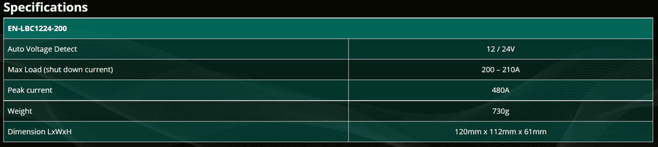 Technical specifications table for Enerdrive battery guard listing voltage, max load 200A and dimensions