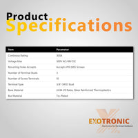 Technical specifications table for Exotronic 300A busbar