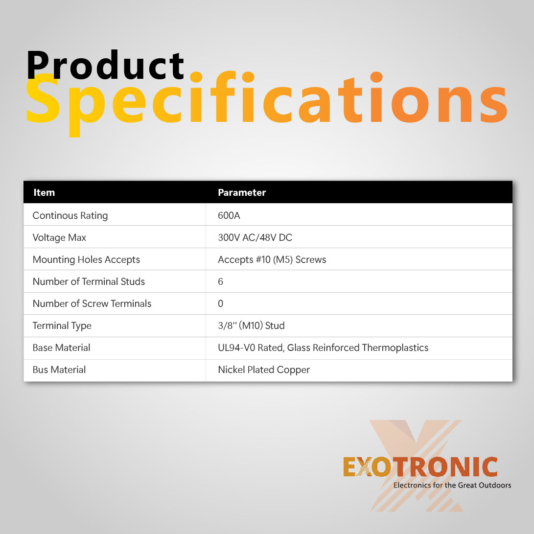 Technical specifications table for Exotronic 600A busbar including voltage and current ratings