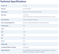 Technical specifications table listing voltage, CCA, dimensions and warranty details