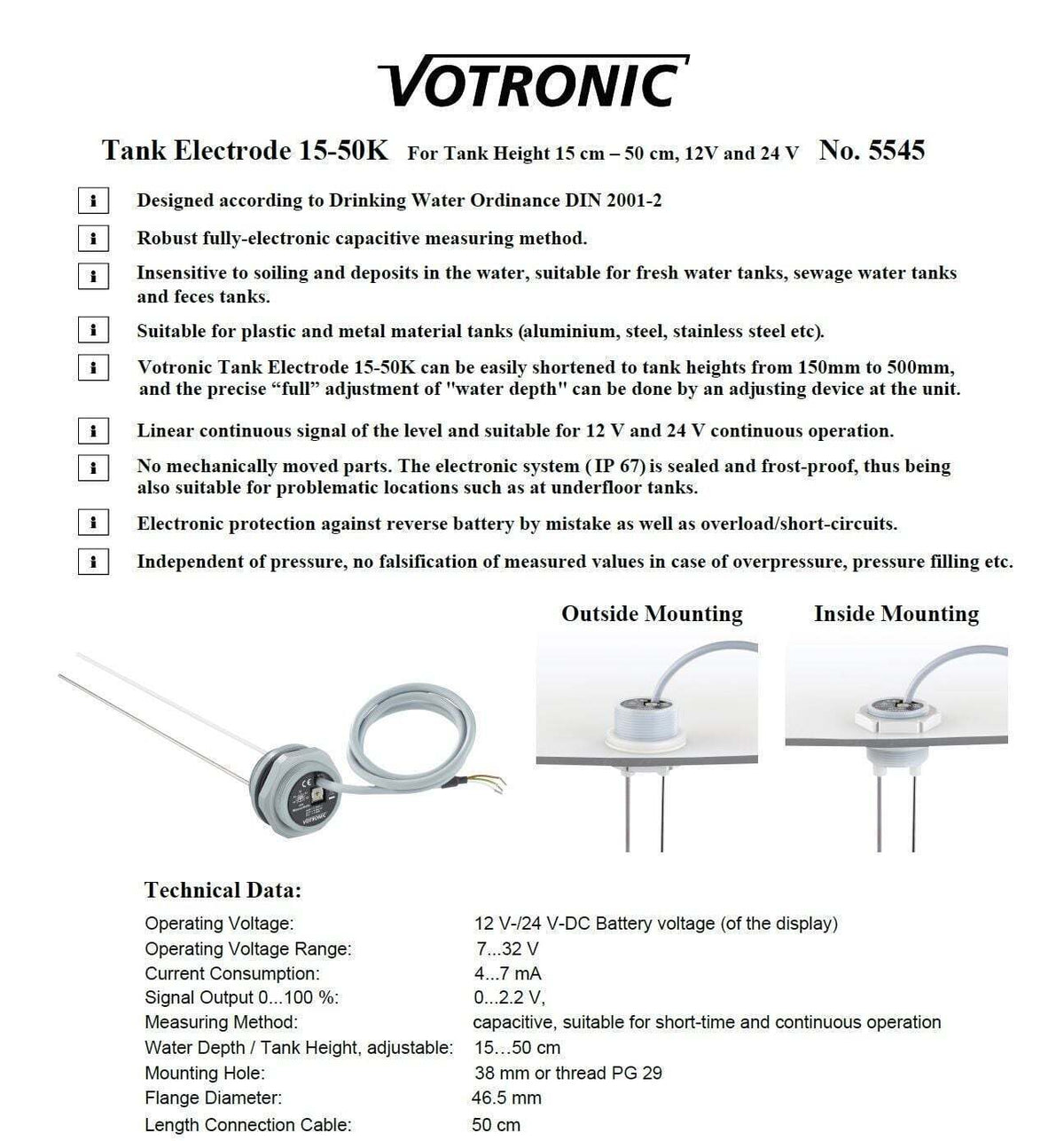 Technical specifications for Votronic Tank Electrode 15-50K including 12V-24V operation and IP67 rating