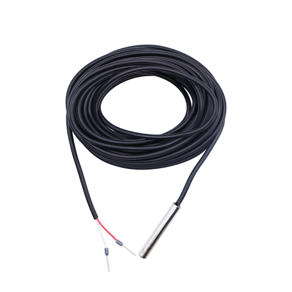 Coiled black temperature sensor cable with stainless steel probe and stripped wire leads