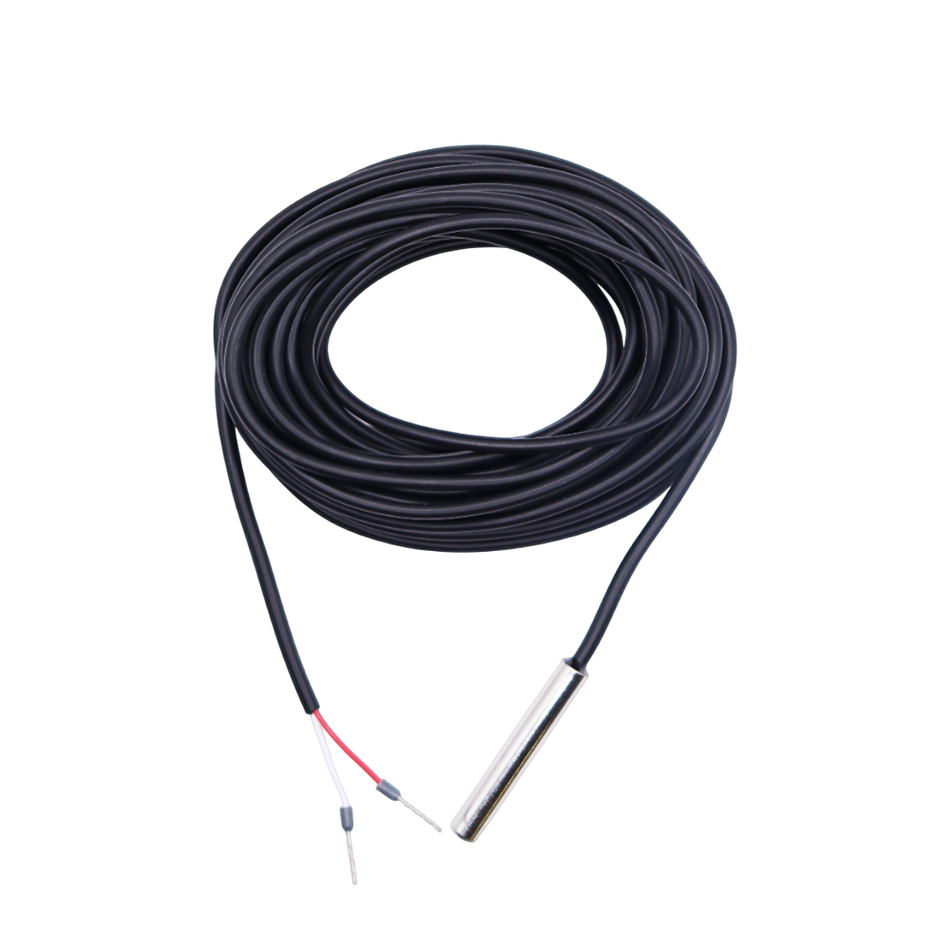 Coiled black temperature sensor cable with stainless steel probe and stripped wire leads