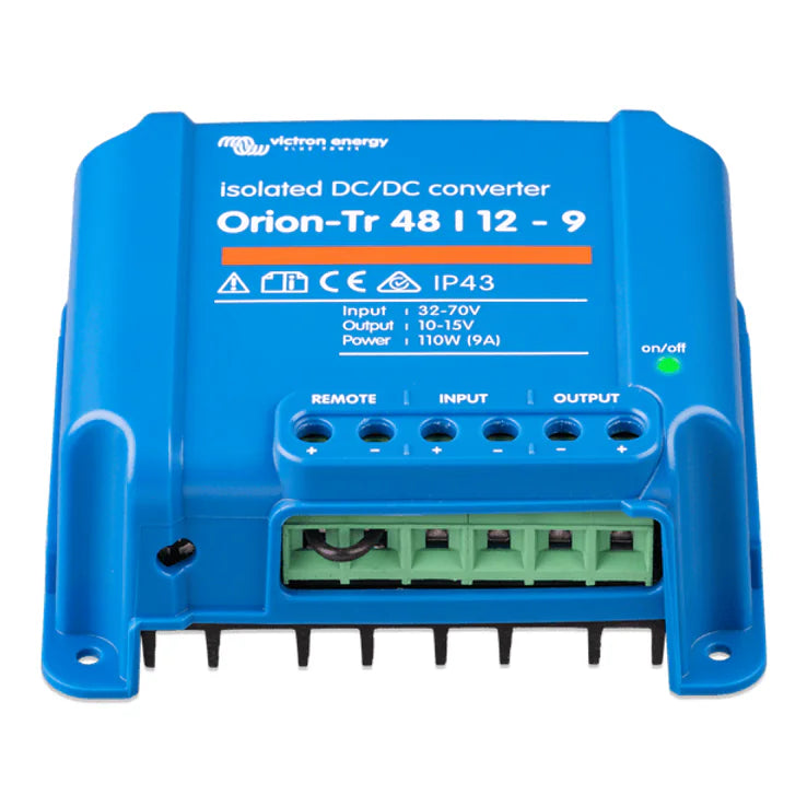 Bottom angled view of Victron isolated converter showing wiring terminal block and cooling fins