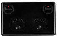 Black double pole 10Amp GPO outlet with two switches and two Australian 3-pin sockets