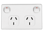 Tesla white double pole 10A double power point GPO with red switch indicators