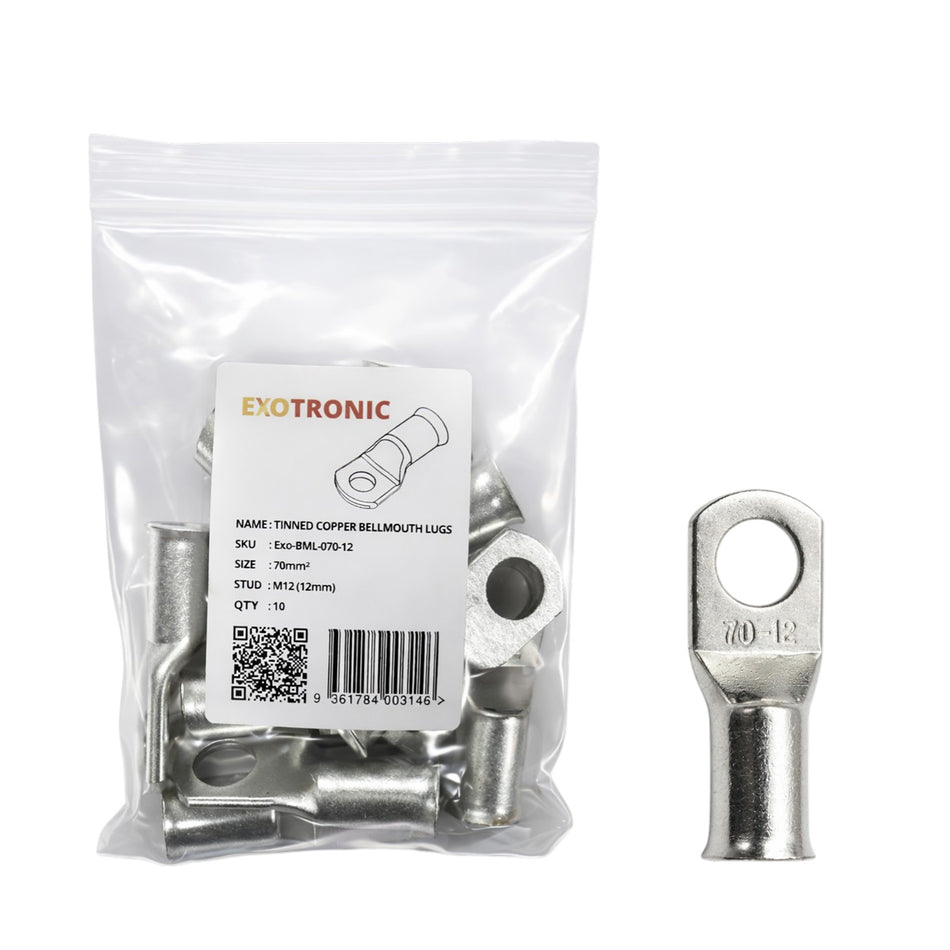10 pack of tinned copper bellmouth lugs in retail packaging with a single lug displayed beside