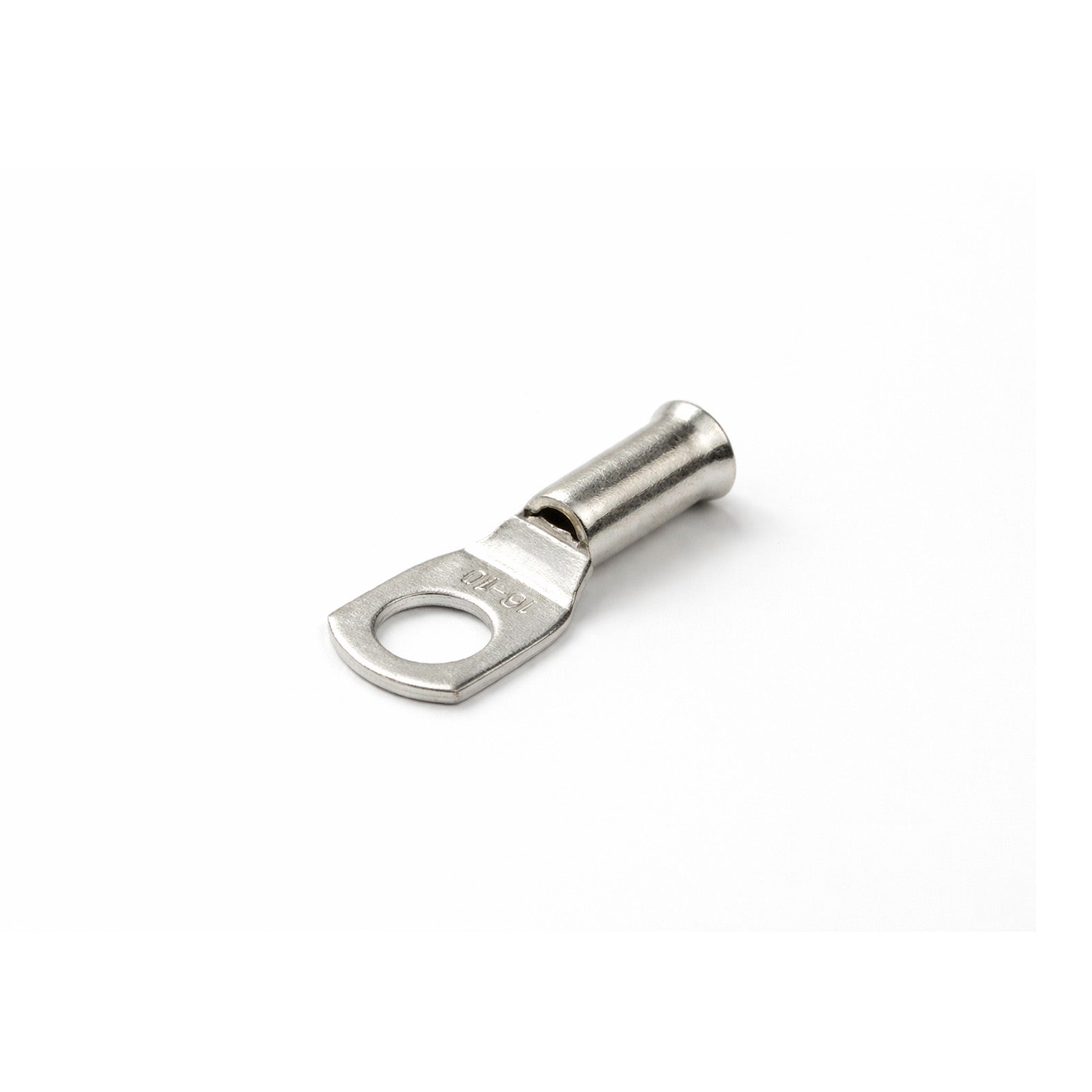 Angled view of a tinned copper bellmouth lug for 16mm squared cable and M10 stud