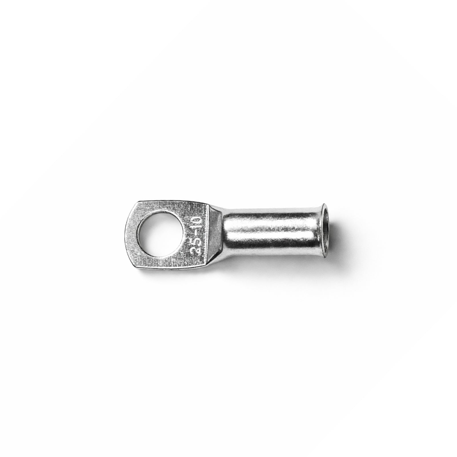 Top-down view of a 25mm² tinned copper lug showing the M10 hole and stamped size markings