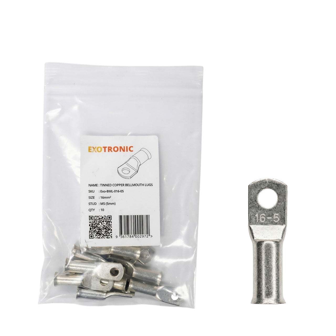 10 pack of Exotronic 16mm2 tinned copper lugs with M5 stud holes in retail packaging