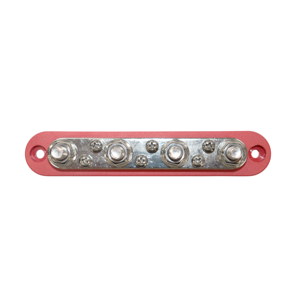 Top-down view of red busbar featuring four M8 studs and six screw terminals on a tin-plated copper plate