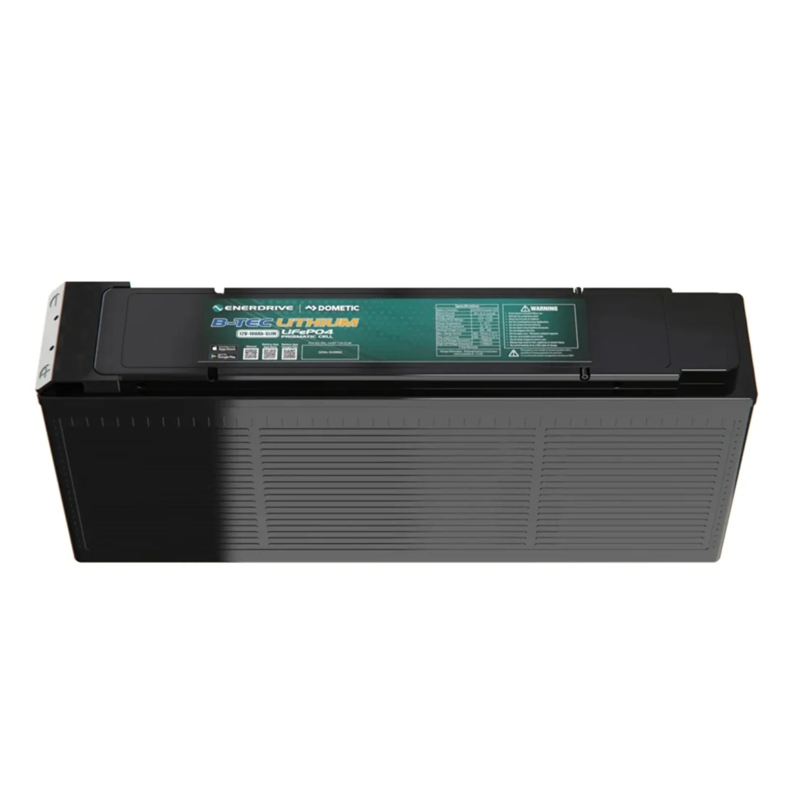Top-down view of slim lithium battery with terminal covers and technical specification label
