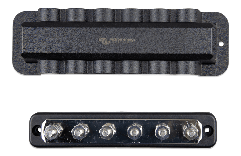 Top-down view of a 250A busbar showing 6 terminals and matching black cover