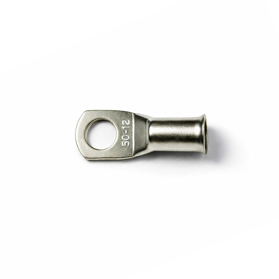Top-down view of 50mm² M12 copper lug with size identification markings