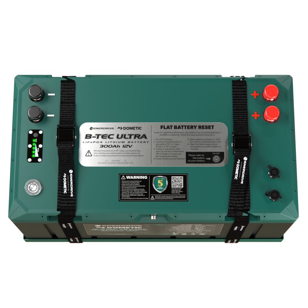 Top view of lithium battery showing M8 terminals, SOC indicator and reset button