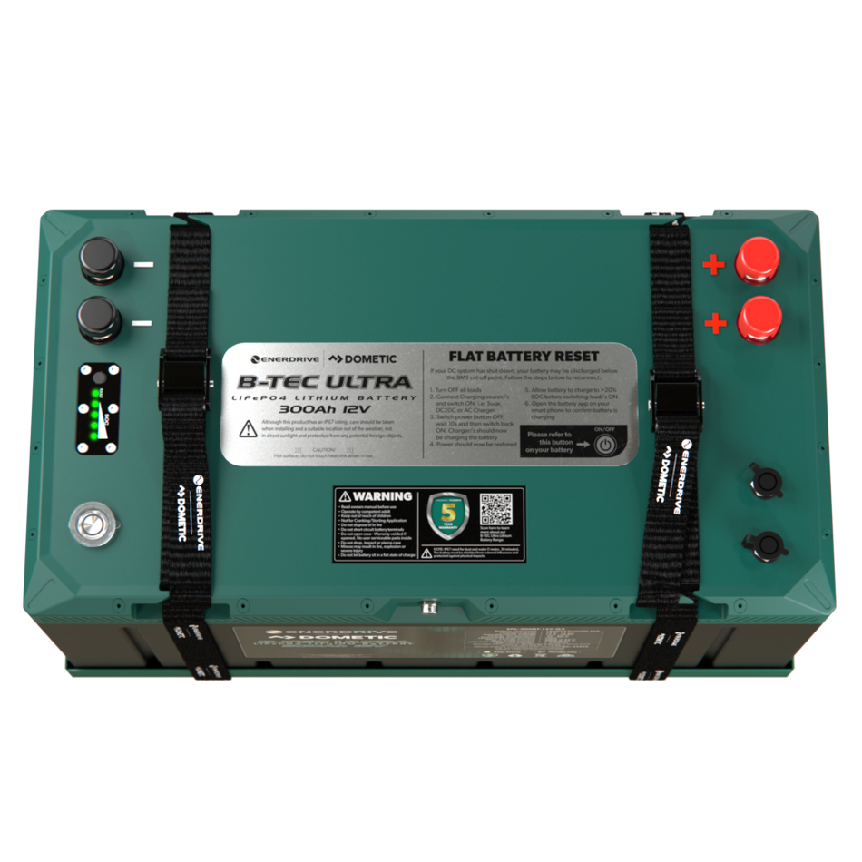 Top view of lithium battery showing M8 terminals, SOC indicator and reset button