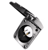 Black 15A caravan power inlet with open cover showing internal 3-pin connector and mounting points