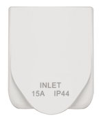 Front view of a white caravan power inlet with the weatherproof cover closed showing IP44 rating