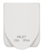 Front view of a white caravan power inlet with the weatherproof cover closed showing IP44 rating