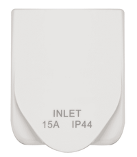 Front view of a white caravan power inlet with the weatherproof cover closed showing IP44 rating