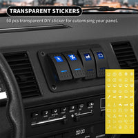 Installed switch panel on dashboard with sheet of 50 transparent DIY icon stickers for customization