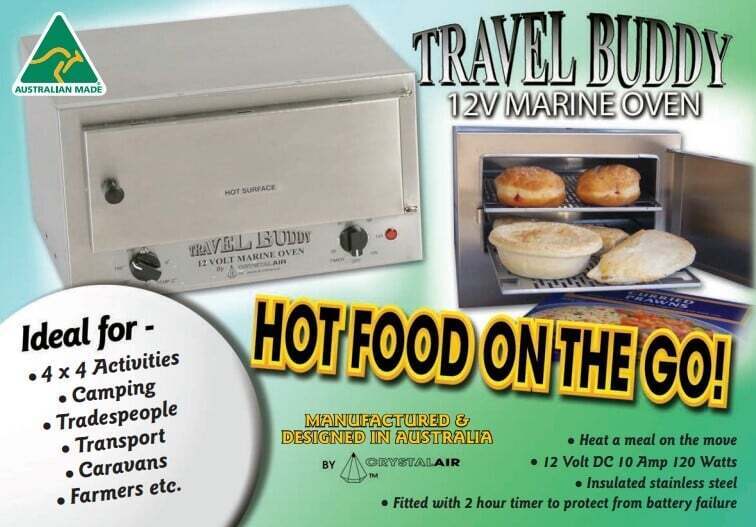 Marketing infographic for Travel Buddy 12V Marine Oven listing specifications and use cases
