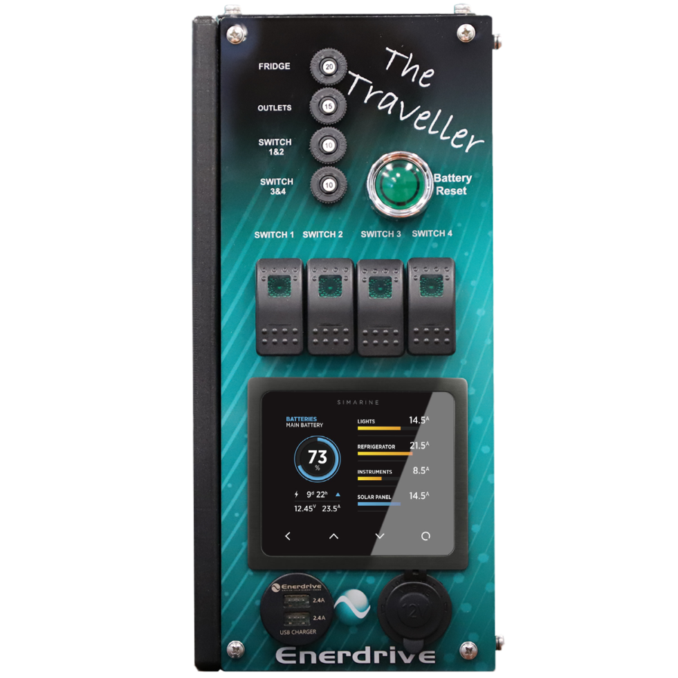 Control panel face with Simarine monitor, rocker switches, circuit breakers and USB ports