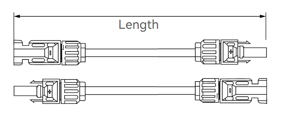 Technical drawing of twin solar extension cable displaying male and female MC4 connector orientation and length