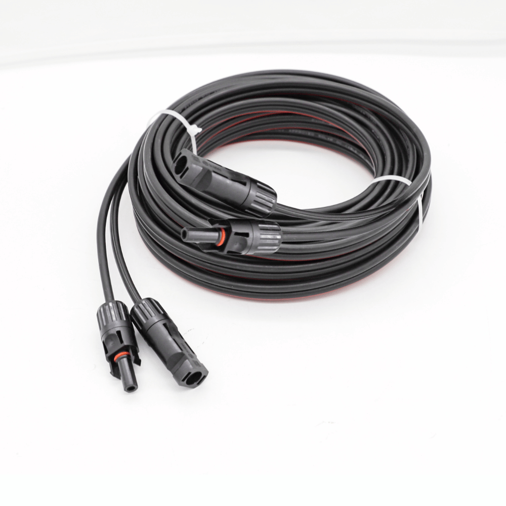 Coiled 1m twin solar extension cable with pre-terminated MC4 connectors and IP67 weather seals