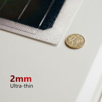 Side profile of a 2mm ultra-thin solar panel next to an Australian 10 cent coin for scale