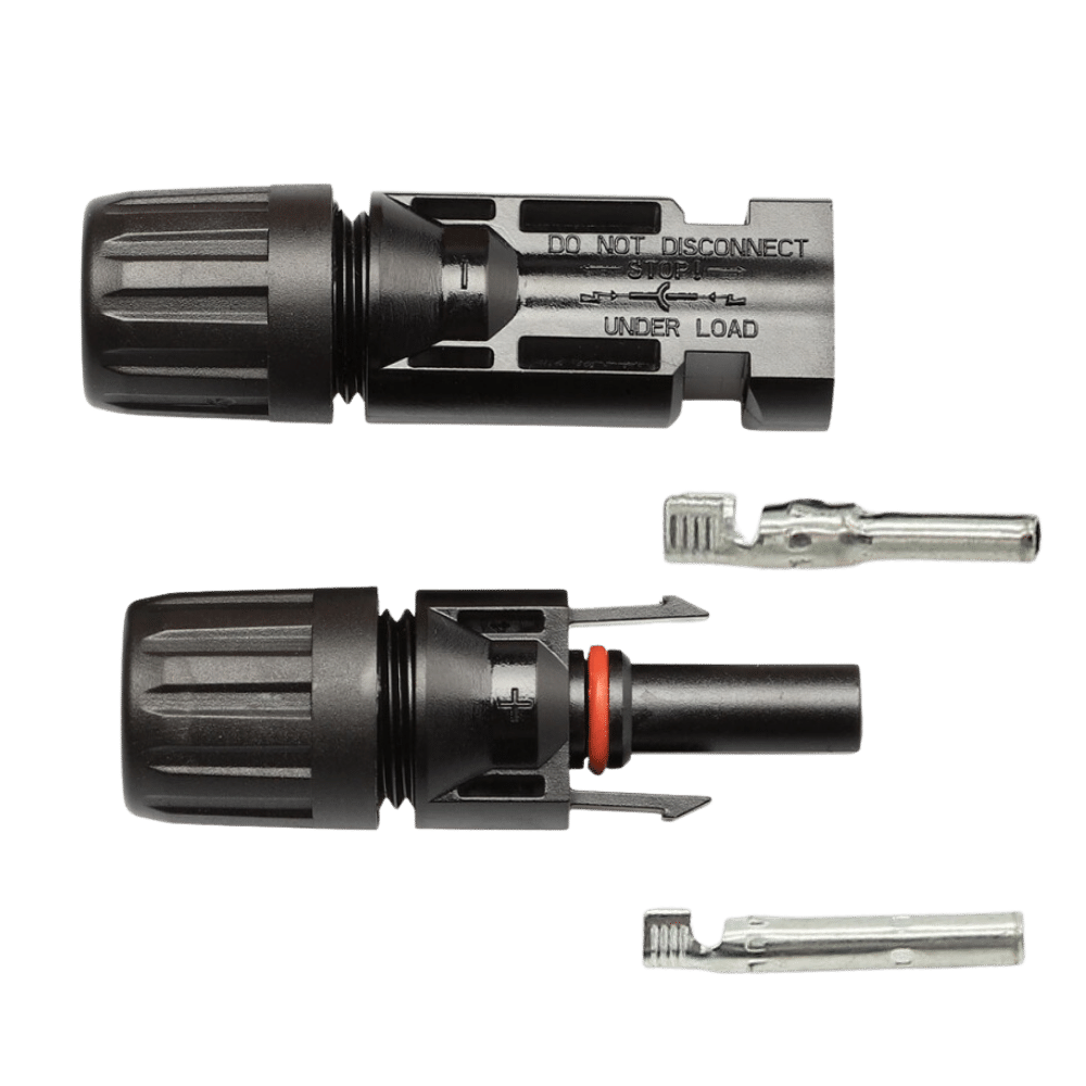 Unassembled Exotronic solar connector pair showing housings, glands and crimp terminals