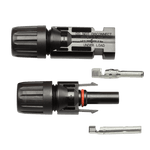 Unassembled Exotronic solar connector pair showing housings, glands and crimp terminals